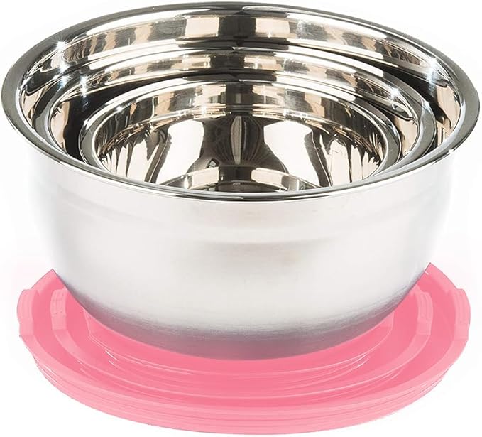 Stainless Steel Mixing Bowls with Lids and Non Slip Bases (Set of 3, Pink)