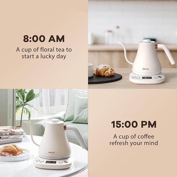 Mecity Electric Gooseneck Kettle With Keep Warm Function & LCD Display Automatic Shut Off Coffee Kettle Temperature Control Pour Over Kettle 1200 Watt, 0.8L, 120V, Off White