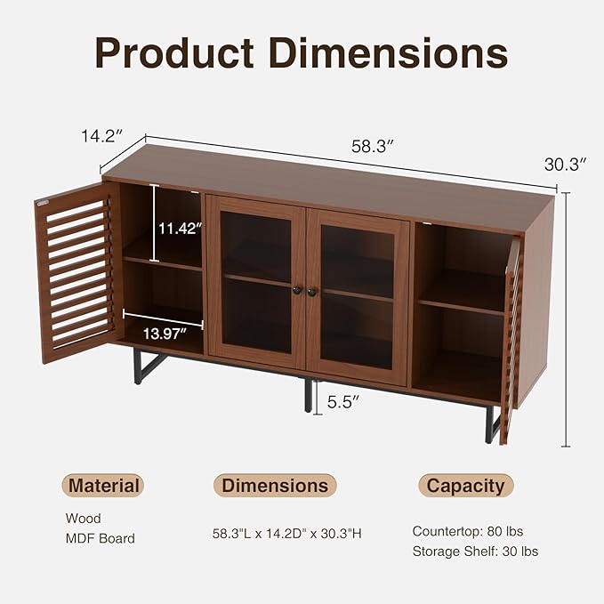Vabches Mid Century Modern Sideboard Buffet Cabinet with LED Lights, Unique Slatted & Tempered Glass Doors, 58.3" Credenza Storage Cabinet for Kitchen, Dining, Living Room, Entryway, Walnut