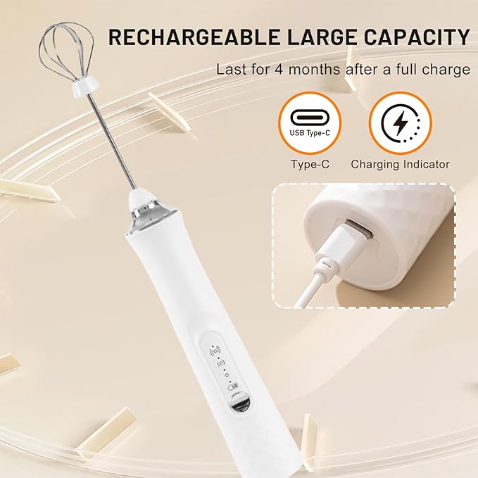 Milk Frother with Variable Speed, Rechargeable Coffee Frother Wand with Detachable Double Whisk, 3 Speed Adjustable Drink Mixer for Coffee, Lattes, Protein Shakes, Matcha, Egg