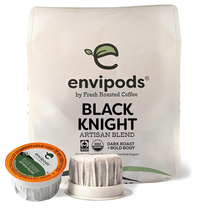 Fresh Roasted Coffee, Organic Black Knight envipods | BPI Compostable, USDA Organic, Kosher | Dark Roast | 12 Count for K Cup Brewers | Not for use in Ninja or Hamilton Beach Brewers