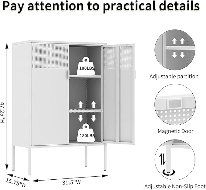 White Metal Storage Cabinet with 2 Doors - 47''H Locker Cabinet, 3 Tier Locker with Adjustable Shelves, Office Storage Locker for Office, Home, Living Room, Kitchen