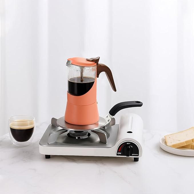 Glass Moka Pot for Stovetop & Induction - Italian Espresso Maker with Wood Handle & Leak-Proof Design - Comes with Induction Heat Diffuser Plate (6 Cup, Frosted 240ml)