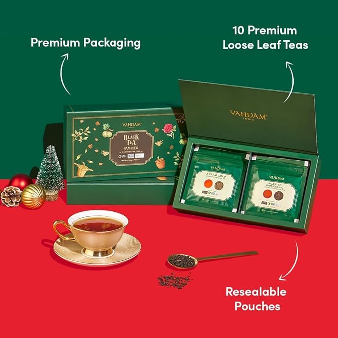 VAHDAM, Assorted Black Tea Loose Leaf Tea Gift Set (10 Flavors) Gift Ideas for Women & Men | Directly Sourced From Assam and Darjeeling | Resealable Ziplock Pouch | Christmas Tea Gift Set