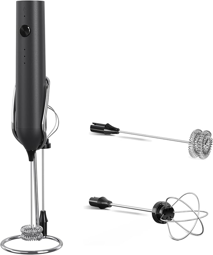 Handheld Milk Frother Wand Rechargeable with Stand - Double Whisk Milk Frother Handheld -3 Speed Levels- Coffee Stirrers Electric Drink Mixer - Coffee Frother Handheld (Upgraded - Black with Stand)