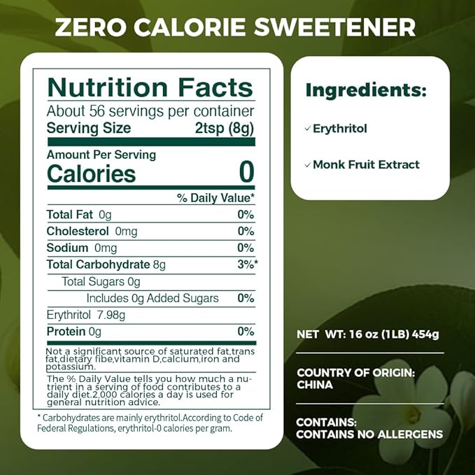 Lesweet Monk Fruit Sweetener with Erythritol, Monk Fruit Extract, 1:1 White Sugar Substitute, Zero Calorie, Keto Friendly, Non-GMO, Perfect for Coffee & Baking, 16 oz (Pack of 3)
