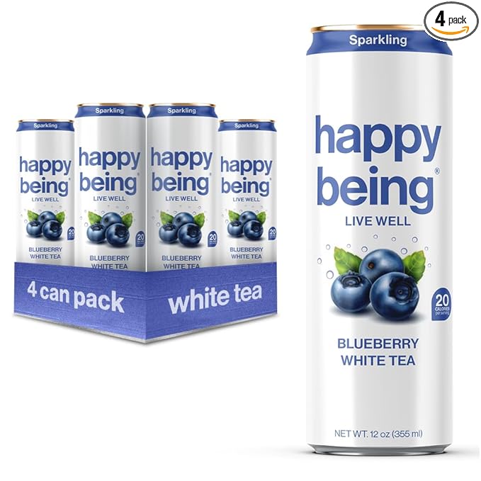 Happy Being Sparkling Nutrient-Rich Blueberry White Tea – Infused with Turmeric, Elderberry, Vitamin D3, Caffeine Free, Plant-Based, Low Calorie & Low Sugar Drinks, 12oz (4 Pack)