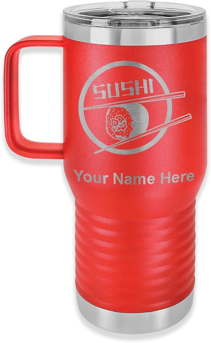 LaserGram 20oz Vacuum Insulated Travel Mug with Handle, Sushi, Personalized Engraving Included (Red)