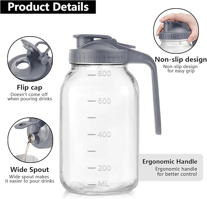 32 oz Glass Pitcher with Lid, 1 Quart Breastmilk Pitcher Double Leak Proof, Wide Mouth Jar with Flip Cap Lid, Heavy Duty Container for Water, Juice, Milk, Tea, Iced Coffee, and Drinks（Grey）