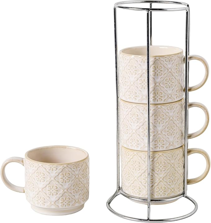 6 Oz Coffee Mugs with Stand, Stackable Coffee Cups Set of 4, Ceramic Espresso Cups, Embossed Cappuccino Cups for Latte, Cocoa, Mocha, Tea, Housewarming Wedding Present, Dishwasher Safe