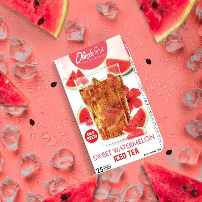Olinda Iced Tea Sweet Watermelon Iced Tea Bags Cold Brew Organic Herbal Green Tea Summer Drink Hot and Cold Brew Natural Sucralose Sweetened Fruity Flavored Healthy Caffeinated Tea