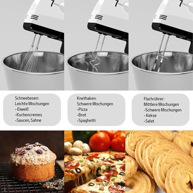 Stand Mixers, 7 Speeds With 3QT Stainless Steel Bowl, Stand and Hand Mixer with Dough Hook, Whisk, Mixing Beater for Baking, Cake, Cookie, Kneading (GU2)