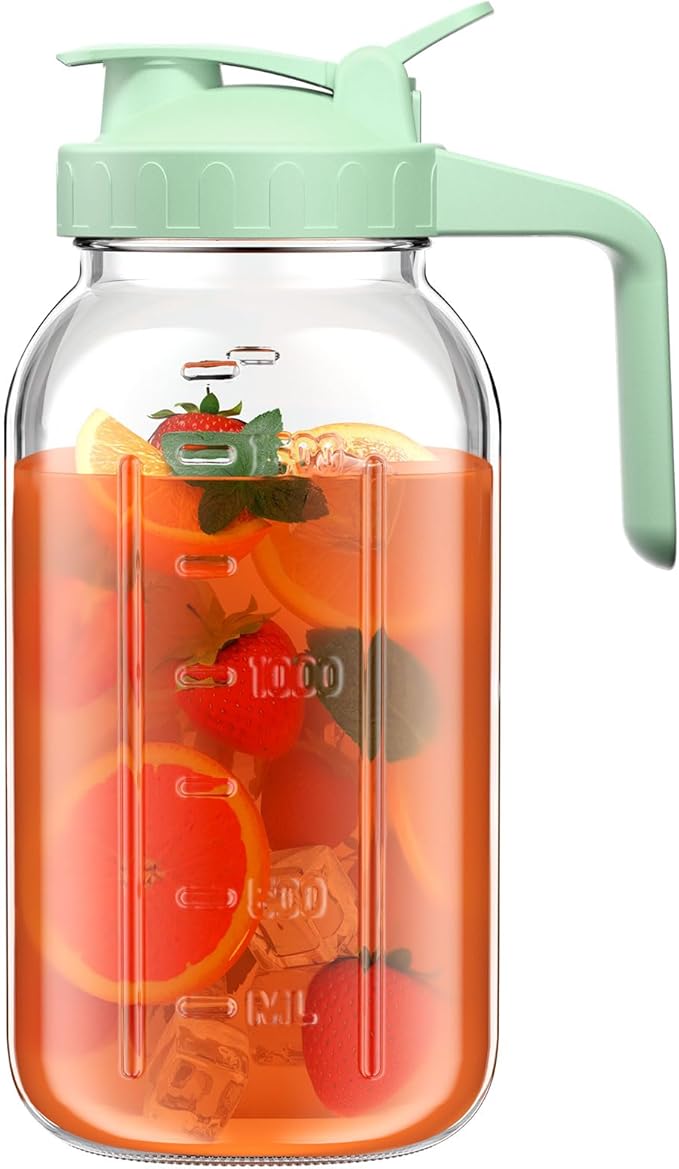 64 oz Glass Pitcher with Lid, Large Wide Mouth Mason Jar with Pour Spout, Green Sun Tea Glass Jar for Outside, Drink Pitcher Great for Drink, Cold Beverages and Breast Milk