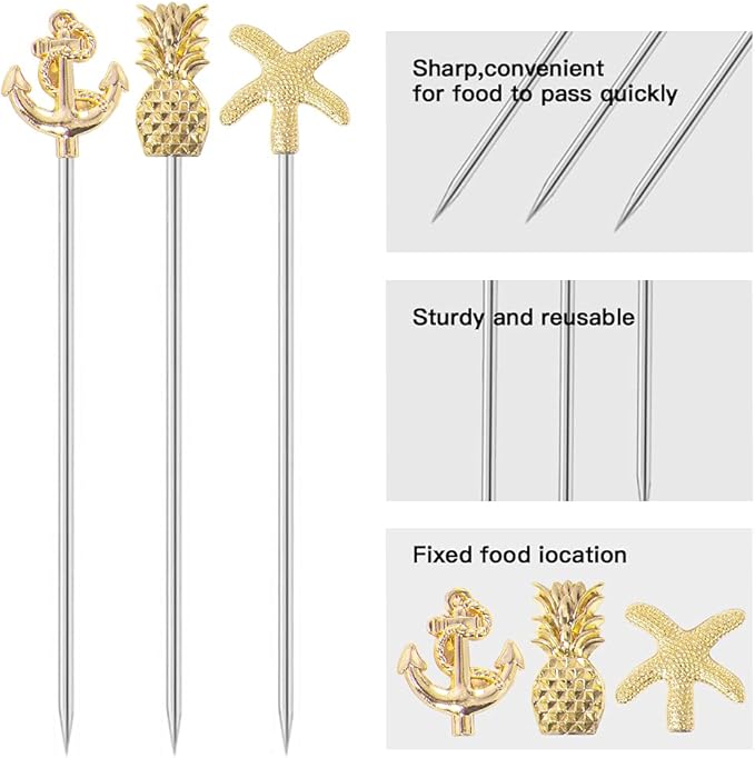 Martini Cocktail Picks Reusable Olive Picks Garnish Skewer Fruit Toothpicks Set of 9 (Gold)