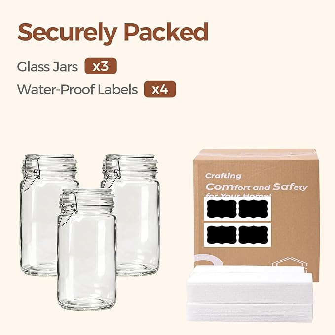 ComSaf Glass Jars with Airtight Lid Set of 3, Mason Jars 34 oz, Pickling Jar, Canning Jar 34oz, 34 oz Glass Containers with Lids for Kitchen, Pickle, Flour, Cereal, Pasta, Sugar, Herb