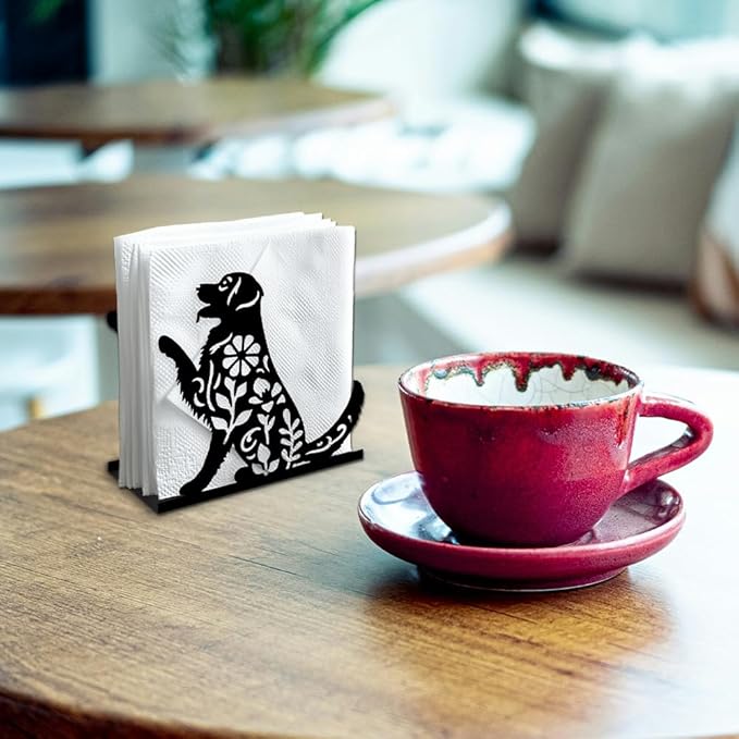 Labrador Dog Decorative Black Metal Napkin Holder for Table, 5.3" x 4.9" x 1.9" Dog Leaves Standing Napkin Holder for Home Kitchen Restaurant Picnic Party Coffee Bar Dining Room