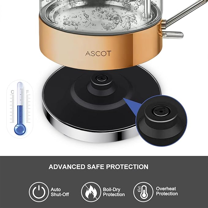 Electric Kettle, ASCOT Glass Electric Tea Kettle 1.5L 1500W Retro Tea Heater & Hot Water Boiler, No Plastic, BPA-Free, Cordless, with Auto Shut-Off and Boil-Dry Protection (Rose Gold）