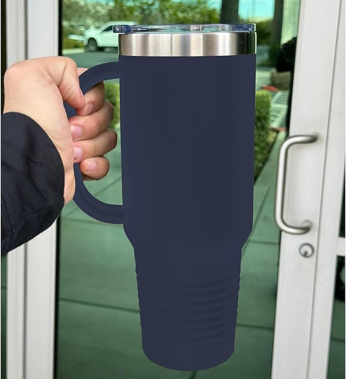 LaserGram 40oz Vacuum Insulated Travel Mug with Handle, Tiki Statue, Personalized Engraving Included (Navy Blue)
