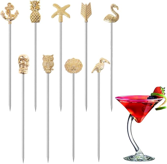 Martini Cocktail Picks Reusable Olive Picks Garnish Skewer Fruit Toothpicks Set of 9 (Gold)