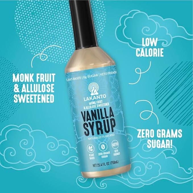Lakanto Simple Flavoring Syrup - Monk Fruit Sweetener with Allulose, Perfect for Coffee, Tea, Cocktails, Snow Cones, Sodas, Other Drinks, Keto, Vegan (Vanilla - 25.4 fl oz)