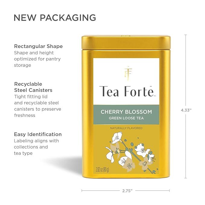 Tea Forte Cherry Blossom Premium Loose Leaf Caffeinated Green Tea Blend Canister, Makes 35-50 Cups