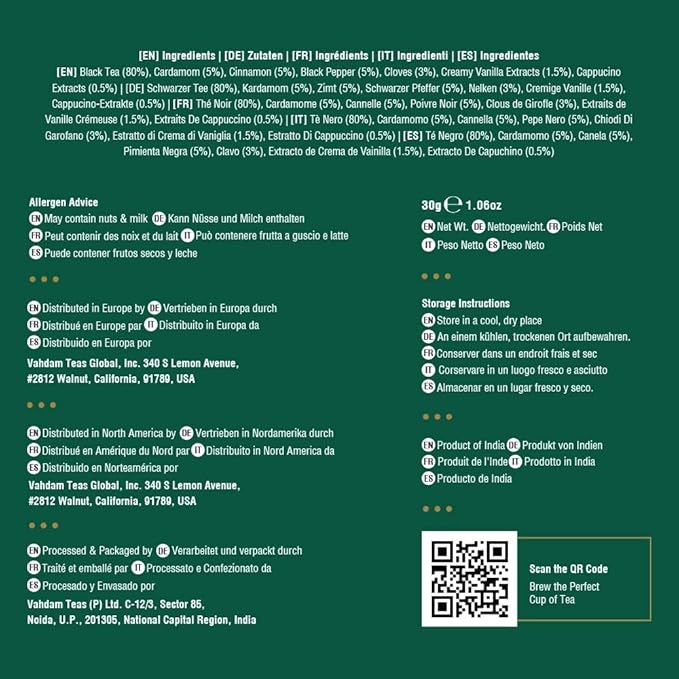 VAHDAM, Vanilla Chai Tea Bags (30 Count) High Caffeine, Non GMO, Gluten Free | Individually Wrapped, Full-bodied & Malty | No Artificial Flavor | Blended w/Vanilla, Cappuccino & Exotic Spices