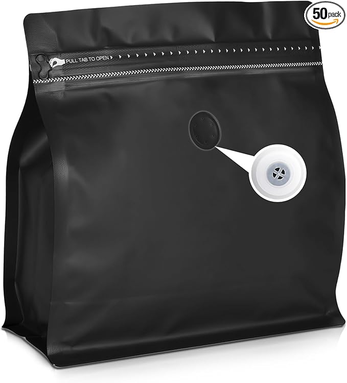 50 Count 16oz Coffee Bags with Valve,1lb Vented Coffee Beans Packaging Bags High Barrier Aluminumed Foil Flat Bottom Heat Sealed Side Zipper Resealable Storage Bag for Home or Business（Black）