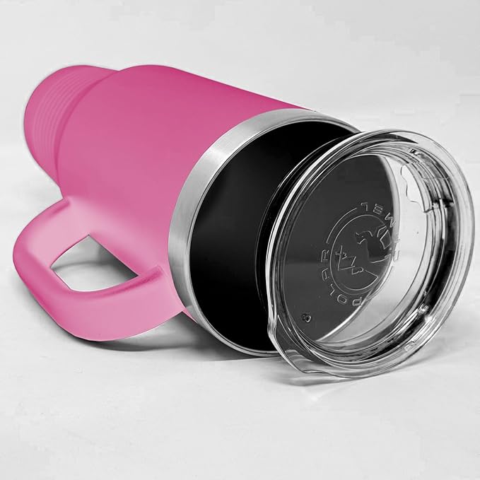 LaserGram 40oz Vacuum Insulated Travel Mug with Handle, Tiki Statue, Personalized Engraving Included (Pink)