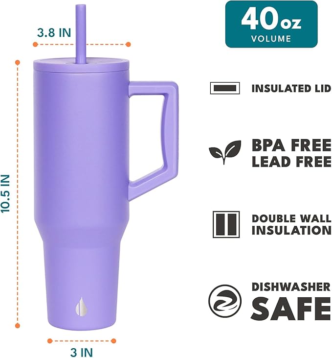 Elemental 40 oz Tumbler with Handle and Straw - Spill Proof Insulated Stainless Steel Commuter for Hot and Cold Beverages - Travel Coffee Mug with 2 Straws & Spill Proof Lid - 40oz - Lavender