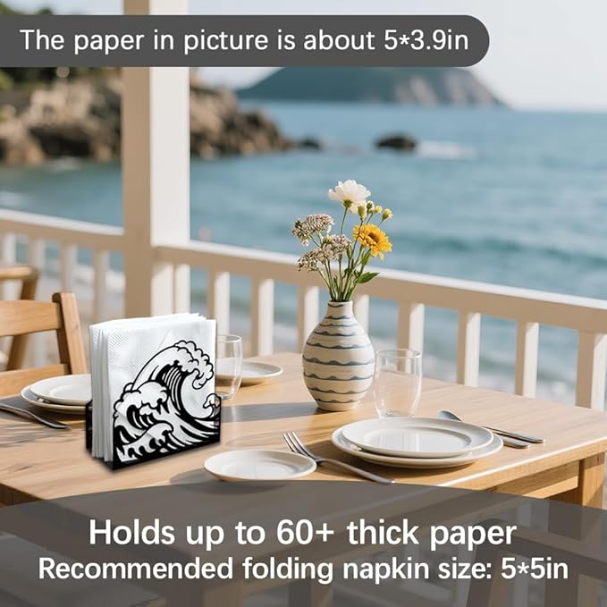 Ocean Waves Decorative Black Metal Napkin Holder for Table, 5.3" x 4.9" x 1.9" Sea Waves Standing Napkin Holder for Home Kitchen Restaurant Picnic Party Coffee Bar Dining Room