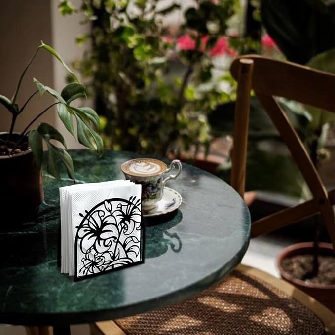 Lily Flower Decorative Black Metal Napkin Holder for Table, 5.3" x 4.9" x 1.9" Lily Floral Standing Napkin Holder for Home Kitchen Restaurant Picnic Party Coffee Bar Dining Room
