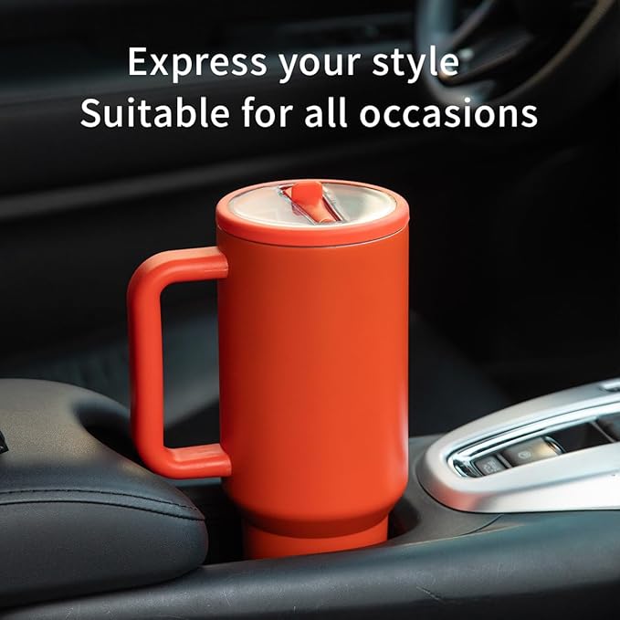 40 oz Insulated Tumbler with Handle,Flip Straw,Lid & Rubber Base Stainless Steel Water Bottle - Leak Proof Vacuum Insulated Mug BPA Free Reusable Travel Cup Gifts for Women/Men (Orange)