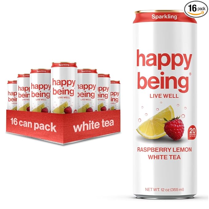 Happy Being Sparkling Nutrient-Rich Raspberry Lemonade White Tea – Infused with Turmeric, Elderberry, Vitamin D3, Caffeine Free, Plant-Based, Low Calorie & Low Sugar Drinks, 12oz (16 Pack)