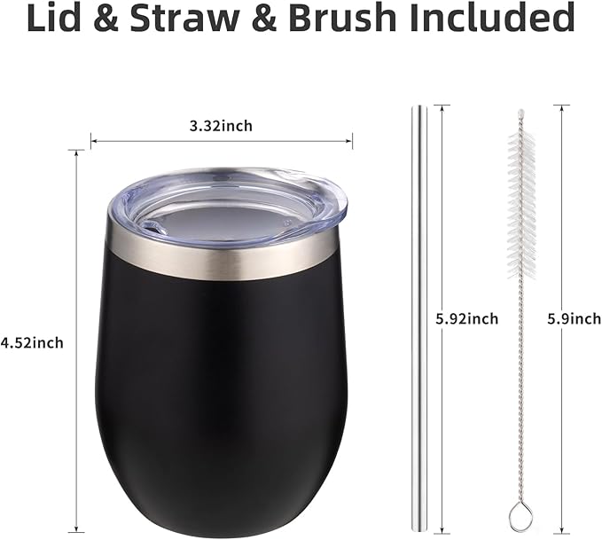12 oz Insulated Wine Tumbler with Lid and Straw,Stainless Steel Stemless Wine Tumbler Glasses Double Wall Vacuum Wine Cups Tumbler Bulk for Coffee,Champaign,Cocktail,Office（Multicolor,4）