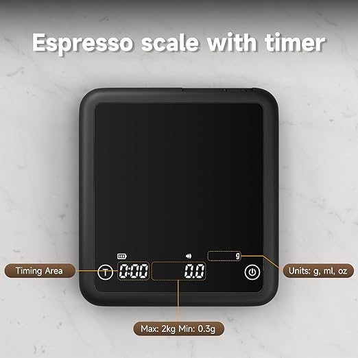 Rechargeable Mini Coffee Scale with Timer, 2kg/0.1g Accurate Scale for Espresso and Pour-Over Coffee, Portable Digital Kitchen Scale with Automatic Timing, LED Display, Silent Mode(Black)