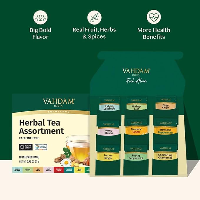 VAHDAM, Assorted Herbal Tea Gift Set (18 Tea Bags, 9 Flavors) Caffeine-Free, Non-GMO | Double Infusion, Individually Enveloped Tea Bags | Herbal Tea variety Pack | Christmas Tea Gifts for Women & Men