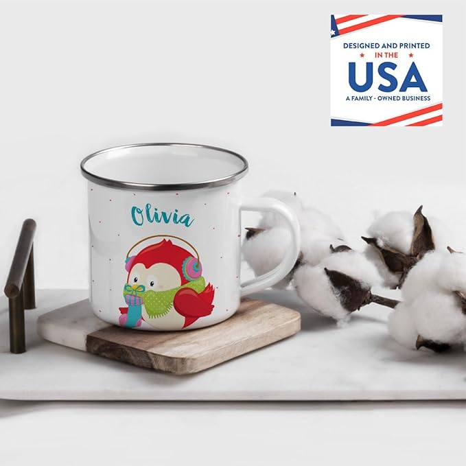 Andaz Press Personalized Name 11oz. Kids Christmas Hot Chocolate Stainless Steel Campfire Coffee Mug, Festive Red Owl, 1-Pack, Custom Child’s Birthday Xmas Cup