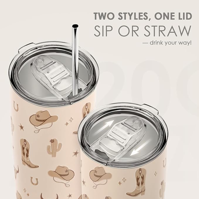 SANDJEST Cowgirl Tumbler 20oz, Stainless Steel Travel Cup with Lid, Insulated Coffee Mug, Cowgirl Gifts for Women Girls Friends Sisters on Birthday Christmas (Beige)