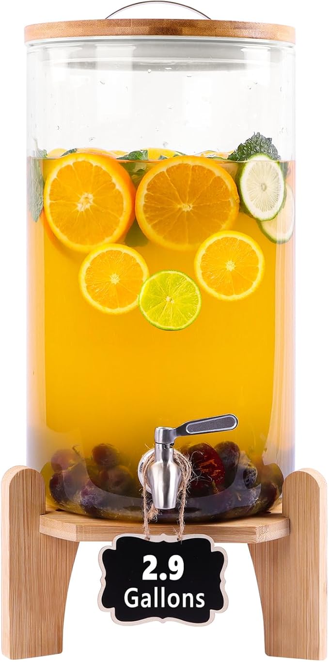 2.9 Gallon Drink Dispenser, Glass Beverage Dispenser with Wood Stand, Lemonade Dispenser with Airtight Valve and Stainless Steel Spigot Fruit, Thick Drink Dispenser for Parties Restaurants Hotels