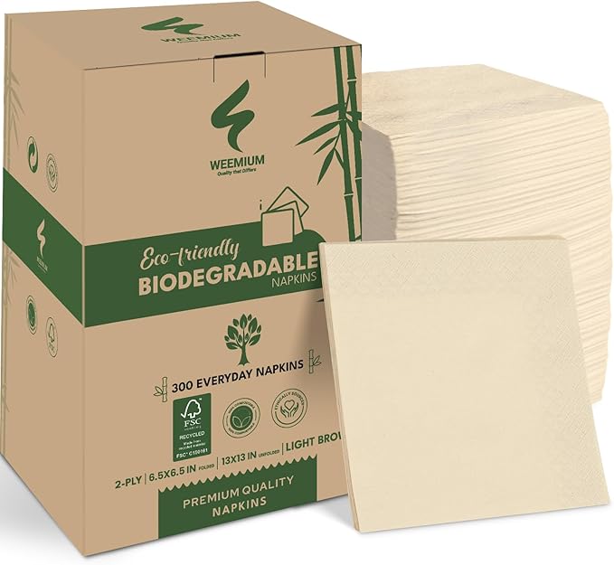 Weemium Compostable Napkins Disposable - FSC Certified - 300 Pack, 2-Ply - 6.5 x 6.5 Inch Folded - Post-Consumer Recycled Material - Biodegradable & Highly Absorbent Paper Napkins for Lunch & Dinner