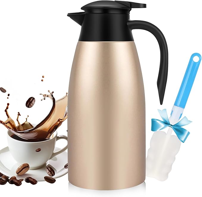 68OZ Thermal Coffee Carafes for Keeping Hot, 2 Liter Stainless Steel Thermal Carafe, Double Wall Vacuum Insulated Pitcher Tea Pot for Coffee Tea Keep Hot 12 Hours, Gold