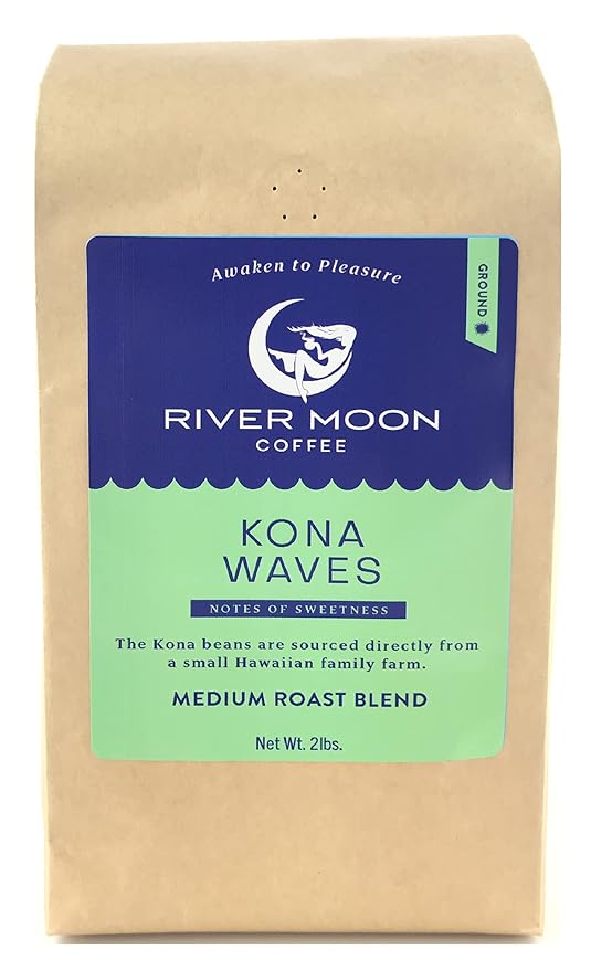 River Moon Coffee, Kona Coffee Ground, Medium Roast, 2 lbs, Kona Waves Hawaiian Blend, Sustainably Farmed, 100% Arabica