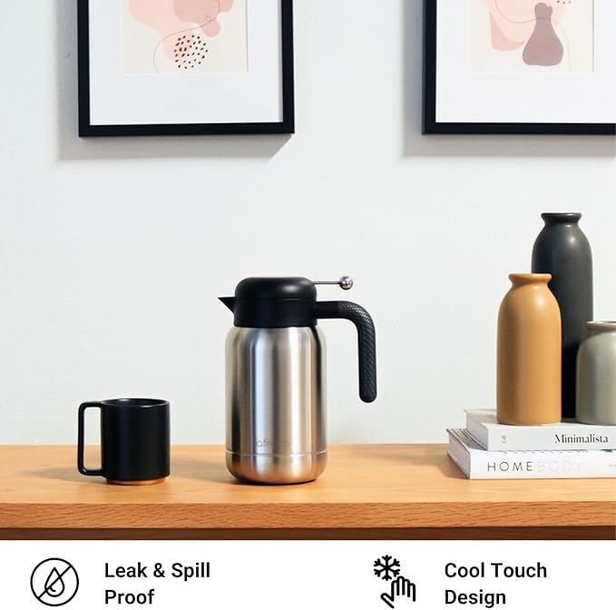 Aura Thermal Coffee Carafe - Vacuum Insulated Stainless Steel Tea Pot & Water Pitcher, Keeps Drinks Hot or Cold, BPA-Free, Beverage Dispenser Thermos - 51 oz Stainless