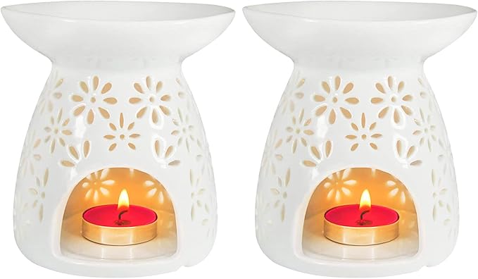 HwaGui - Ceramic Tea Light Holder & Wax Warmer Set of 2, Aromatherapy Essential Oil Burner, Great Decoration for Living Room, Balcony, Patio, Porch and Garden