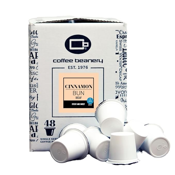 Cinnamon Bun Decaf Coffee Pods by Coffee Beanery | 48ct Bulk Flavored Decaf Coffee Pods Medium Roast Coffee Pods| 100% Specialty Arabica Coffee| Gourmet Coffee Pods
