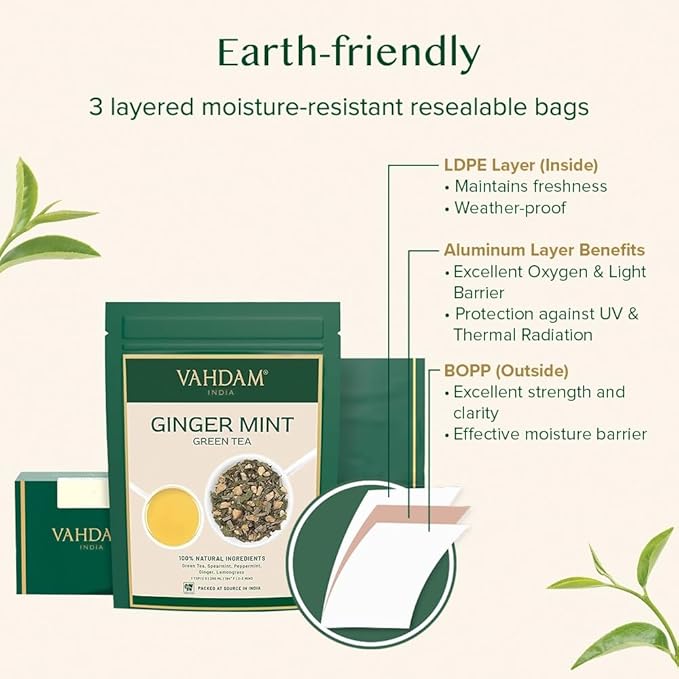 VAHDAM, Ginger Mint Green Tea Loose Leaf (50+ Cups, 3.5oz) Blend Of Ginger Tea & Mint Tea | Pure Green Tea Leaves | High Elevation Grown | Vacuum Sealed