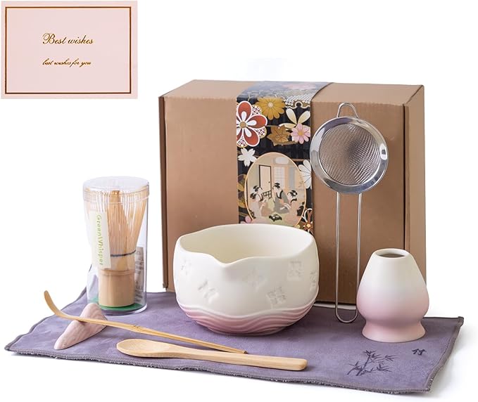 Matcha Whisk Set - Traditional Bamboo Chasen with Bowl, Complete Matcha Tea Making Kit & Starter Tools for Authentic Japanese Ceremony (Pink02, 8pcs/set,Bowl entry-level Set)
