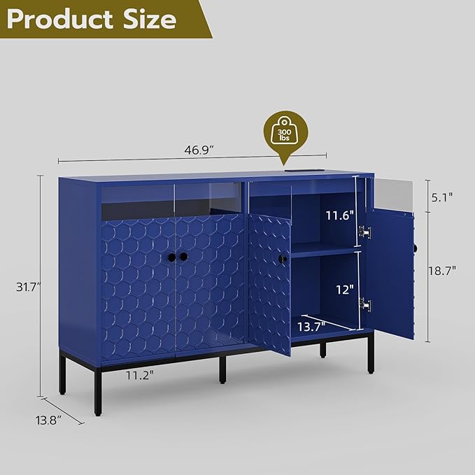 Sideboard Buffet Cabinet 47'' with Storage and Power Outlet, Modern Coffee Bar Accent Cabinet with 4 Doors and Adjustable Shelves, Console Table for Dining Room, Living Room, Kitchen, Navy Blue