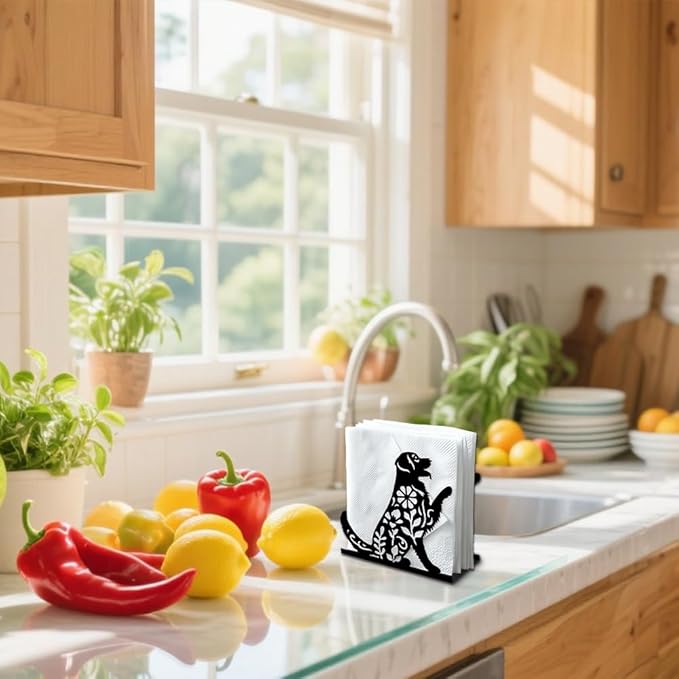 Labrador Dog Decorative Black Metal Napkin Holder for Table, 5.3" x 4.9" x 1.9" Dog Leaves Standing Napkin Holder for Home Kitchen Restaurant Picnic Party Coffee Bar Dining Room