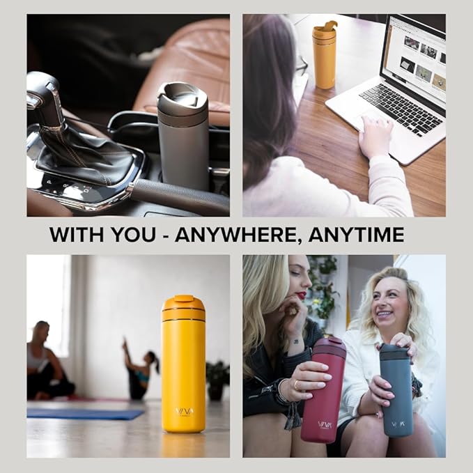 VIVA Recharge Grey Insulated Tea & Coffee Mug & Travel French Press Coffee Maker, 16 oz, Brew & Drink From the Same Coffee Mug On the Go or Camping